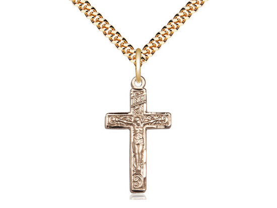 14kt Gold Filled Crucifix Pendant on a 24 inch Gold Plate Heavy Curb Chain - Unique Catholic Gifts