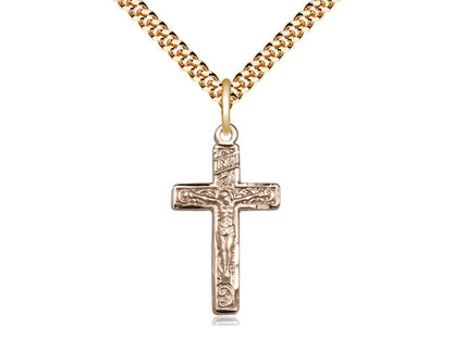 14kt Gold Filled Crucifix Pendant on a 24 inch Gold Plate Heavy Curb Chain - Unique Catholic Gifts