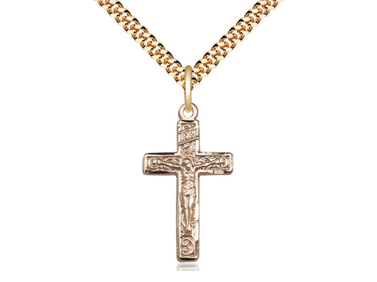 14kt Gold Filled Crucifix Pendant on a 24 inch Gold Plate Heavy Curb Chain - Unique Catholic Gifts