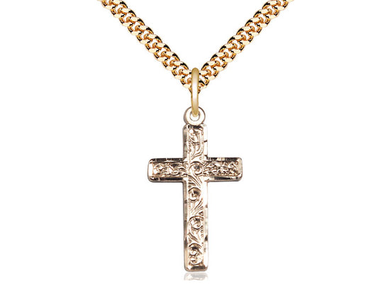 14kt Gold Filled Cross Pendant on a 24 inch Gold Plate Heavy Curb Chain - Unique Catholic Gifts
