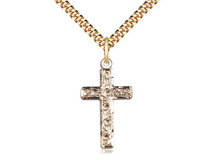 14kt Gold Filled Cross Pendant on a 24 inch Gold Plate Heavy Curb Chain - Unique Catholic Gifts
