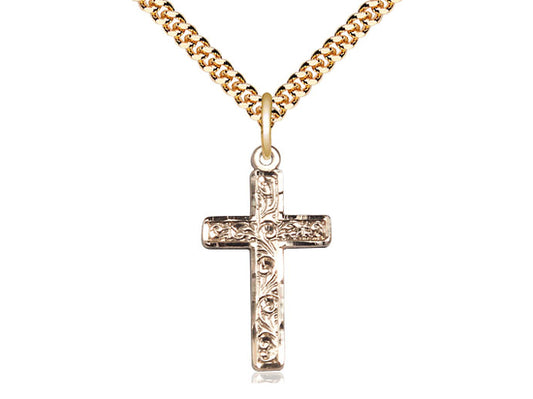 14kt Gold Filled Cross Pendant on a 24 inch Gold Plate Heavy Curb Chain - Unique Catholic Gifts
