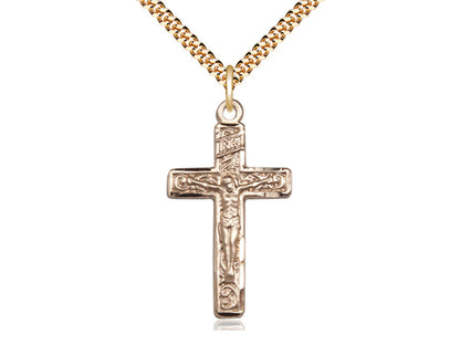 4kt Gold Filled Crucifix Pendant on a 24 inch Gold Plate Heavy Curb Chain - Unique Catholic Gifts