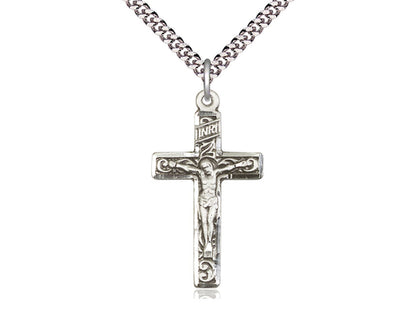 sterling Silver Crucifix Pendant on a 24 inch Light Rhodium Heavy Curb Chain - Unique Catholic Gifts