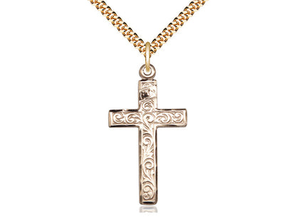 14kt Gold Filled Cross Pendant on a 24 inch Gold Plate Heavy Curb Chain - Unique Catholic Gifts