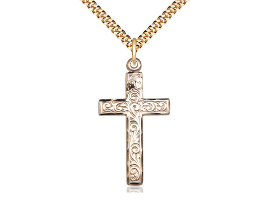 14kt Gold Filled Cross Pendant on a 24 inch Gold Plate Heavy Curb Chain - Unique Catholic Gifts