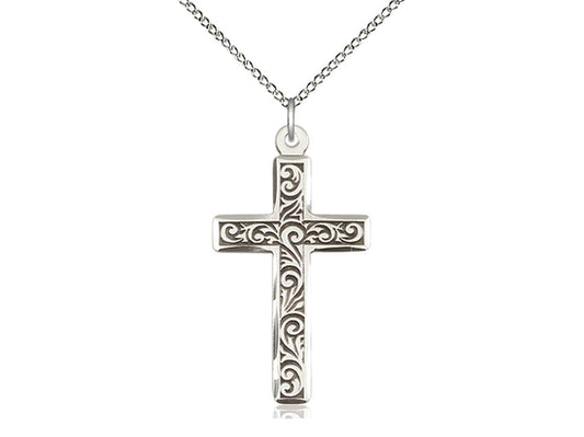 Sterling Silver Cross Pendant on a 18 inch Sterling Silver Light Curb Chain - Unique Catholic Gifts