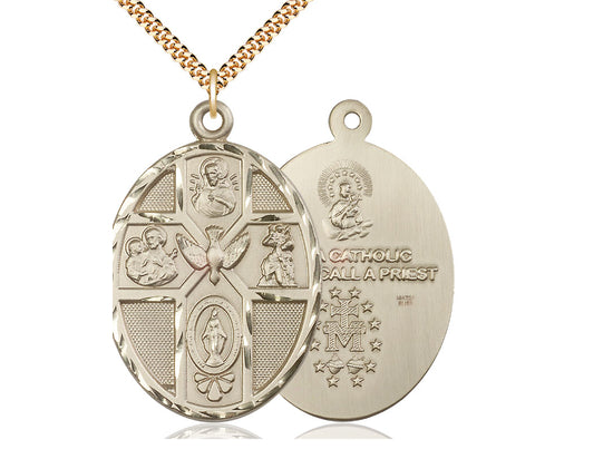 14kt Gold Filled 5-Way Holy Spirit Pendant on a 24 inch Gold Plate Heavy Curb Chain - Unique Catholic Gifts