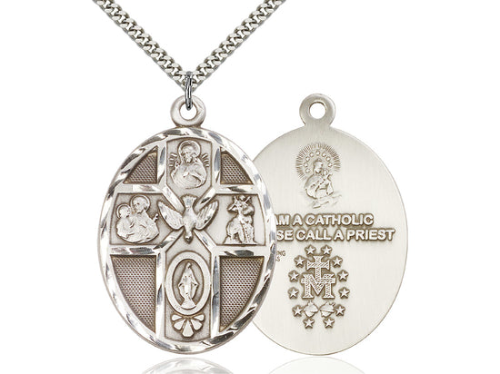 Sterling Silver 5-Way Holy Spirit Pendant on a 24 inch Light Rhodium Heavy Curb Chain - Unique Catholic Gifts