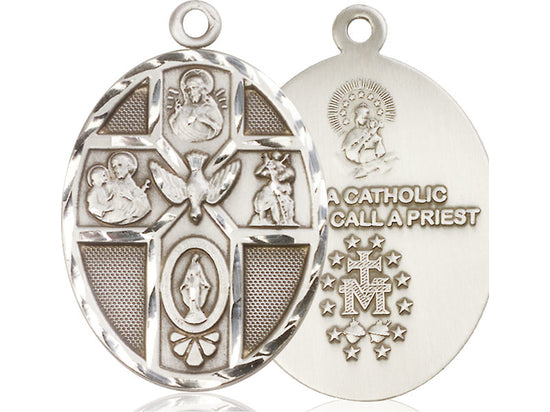Sterling Silver 5-Way Holy Spirit Pendant on a 24 inch Light Rhodium Heavy Curb Chain - Unique Catholic Gifts