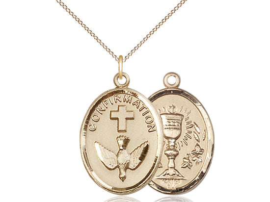 Two Sided 14kt Gold Filled Confirmation / Chalice Medal Pendant on a 18 inch Gold Filled Light Curb Chain - Unique Catholic Gifts