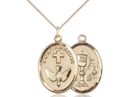 Two Sided 14kt Gold Filled Confirmation / Chalice Medal Pendant on a 18 inch Gold Filled Light Curb Chain - Unique Catholic Gifts