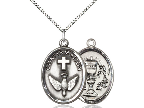 Two Sided Sterling Silver Confirmation / Chalice Medal Pendant on a 18 inch Sterling Silver Light Curb Chain - Unique Catholic Gifts