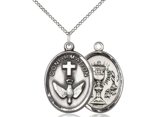 Two Sided Sterling Silver Confirmation / Chalice Medal Pendant on a 18 inch Sterling Silver Light Curb Chain - Unique Catholic Gifts