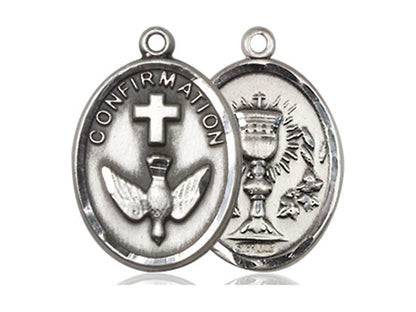 Two Sided Sterling Silver Confirmation / Chalice Medal Pendant on a 18 inch Sterling Silver Light Curb Chain - Unique Catholic Gifts