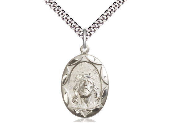 Sterling Silver Ecce Homo Pendant on a 24 inch Light Rhodium Heavy Curb Chain - Unique Catholic Gifts