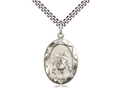 Sterling Silver Ecce Homo Pendant on a 24 inch Light Rhodium Heavy Curb Chain - Unique Catholic Gifts
