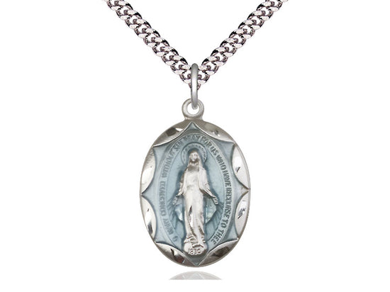 Sterling Silver Miraculous Pendant on a 24 inch Light Rhodium Heavy Curb Chain - Unique Catholic Gifts