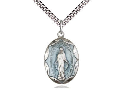 Sterling Silver Miraculous Pendant on a 24 inch Light Rhodium Heavy Curb Chain - Unique Catholic Gifts