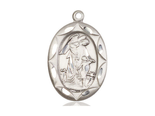 Sterling Silver Guardian Angel Pendant on a 24 inch Light Rhodium Heavy Curb Chain - Unique Catholic Gifts