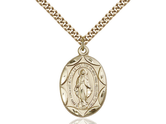 14kt Gold Filled Miraculous Pendant on a 24 inch Gold Plate Heavy Curb Chain - Unique Catholic Gifts