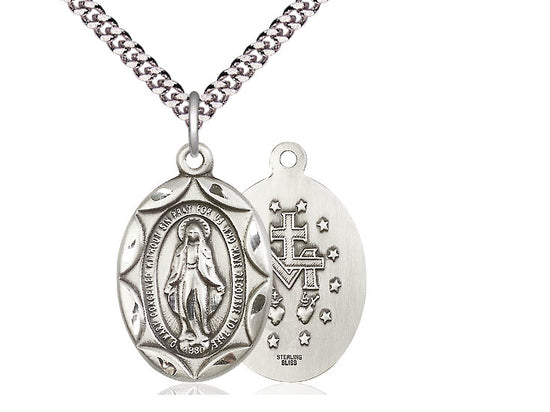 Sterling Silver Miraculous Pendant on a 24 inch Light Rhodium Heavy Curb Chain - Unique Catholic Gifts