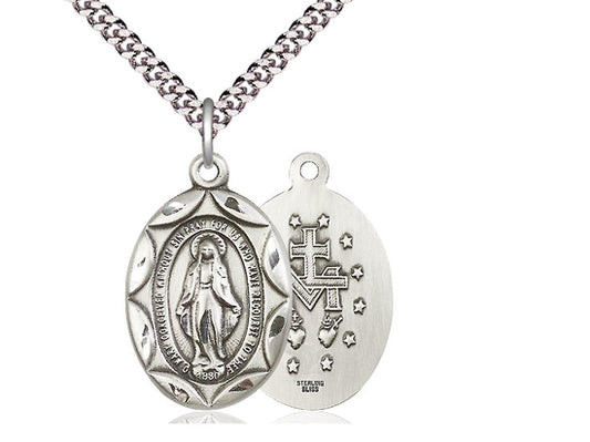 Sterling Silver Miraculous Pendant on a 24 inch Light Rhodium Heavy Curb Chain - Unique Catholic Gifts