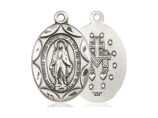 Sterling Silver Miraculous Pendant on a 24 inch Light Rhodium Heavy Curb Chain - Unique Catholic Gifts