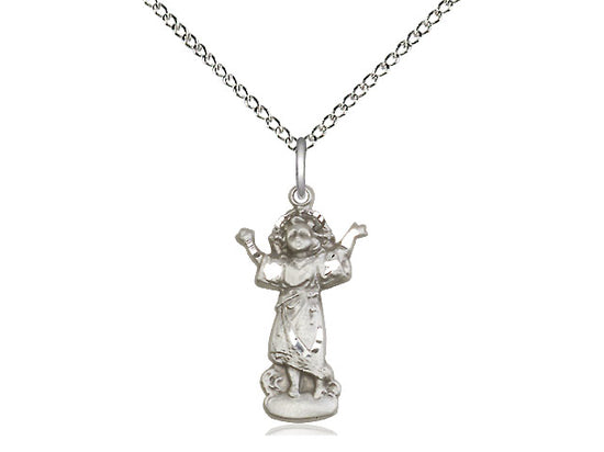 Sterling Silver Divino Nino Pendant on a 18 inch Sterling Silver Light Curb Chain - Unique Catholic Gifts