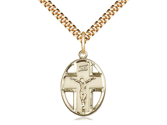 14kt Gold Filled Crucifix Pendant on a 24 inch Gold Plate Heavy Curb Chain - Unique Catholic Gifts