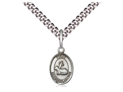 Sterling Silver First Reconciliation Pendant on a 24 inch Light Rhodium Heavy Curb Chain - Unique Catholic Gifts