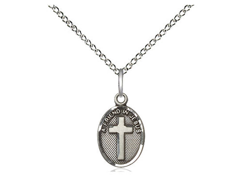 Sterling Silver Friend In Jesus Cross Pendant on a 18 inch Sterling Silver Light Curb Chain - Unique Catholic Gifts