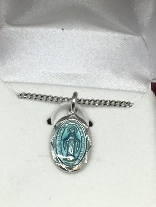 Sterling Silver and Blue Enamel Miraculous Medal  (9/16") - Unique Catholic Gifts