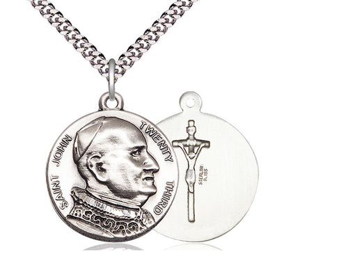 Sterling Silver St John XXIII Pendant on a 24 inch Light Rhodium Heavy Curb Chain - Unique Catholic Gifts