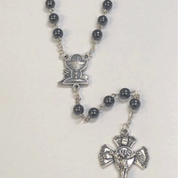 First Communion Black Hematite Rosary With Silver Toned Chalice Center - Unique Catholic Gifts