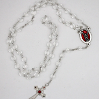 St. Michael center crystal rosary with decorative crucifix and red enameled - Unique Catholic Gifts