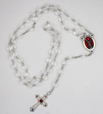 St. Michael center crystal rosary with decorative crucifix and red enameled - Unique Catholic Gifts