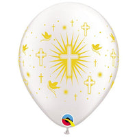 11" Cross Doves Gold on White Balloon - Unique Catholic Gifts