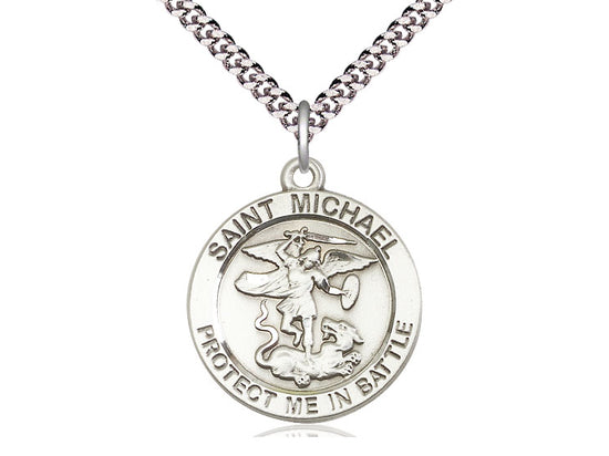 Sterling Silver St Michael Guardian Angel Pendant on a 24 inch Light Rhodium Heavy Curb Chain - Unique Catholic Gifts