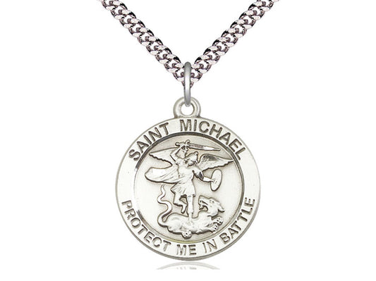 Sterling Silver St Michael Guardian Angel Pendant on a 24 inch Light Rhodium Heavy Curb Chain - Unique Catholic Gifts