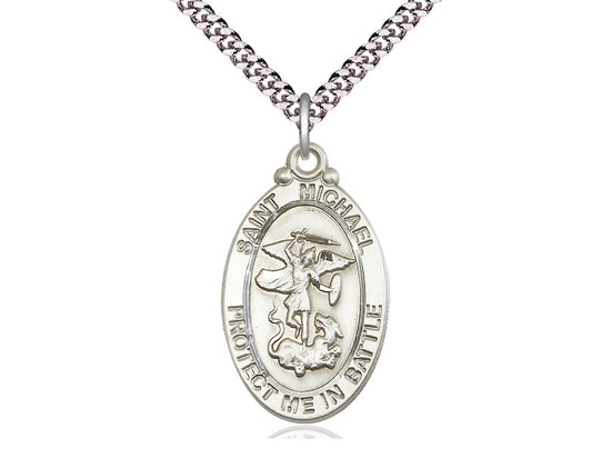 Sterling Silver St Michael Guardian Angel Pendant on a 24 inch Light Rhodium Heavy Curb Chain - Unique Catholic Gifts