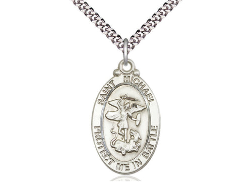 Sterling Silver St Michael Guardian Angel Pendant on a 24 inch Light Rhodium Heavy Curb Chain - Unique Catholic Gifts