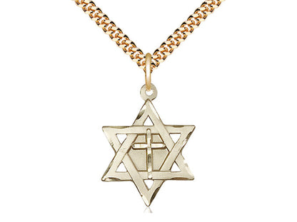 14kt Gold Filled Star of David w/ Cross Pendant on a 24 inch Gold Plate Heavy Curb Chain - Unique Catholic Gifts
