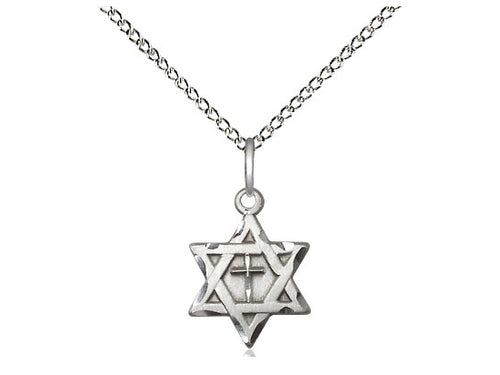 Sterling Silver Star of David w/ Cross Pendant on a 18 inch Sterling Silver Light Curb Chain - Unique Catholic Gifts