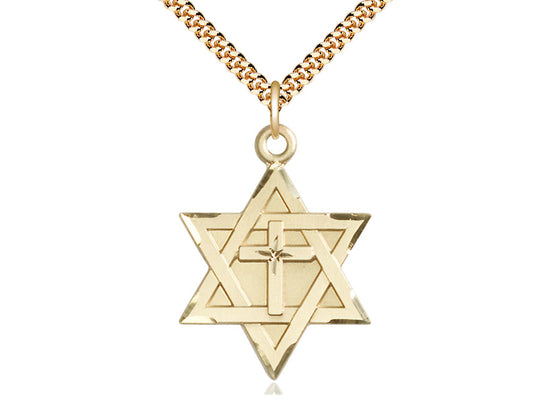 14kt Gold Filled Star of David w/ Cross Pendant on a 24 inch Gold Plate Heavy Curb Chain - Unique Catholic Gifts