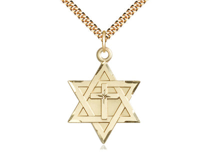 14kt Gold Filled Star of David w/ Cross Pendant on a 24 inch Gold Plate Heavy Curb Chain - Unique Catholic Gifts
