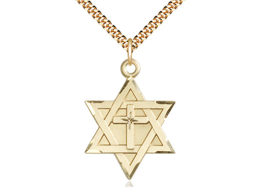 14kt Gold Filled Star of David w/ Cross Pendant on a 24 inch Gold Plate Heavy Curb Chain - Unique Catholic Gifts