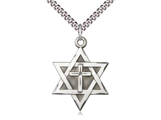 Sterling Silver Star of David w/ Cross Pendant on a 24 inch Light Rhodium Heavy Curb Chain - Unique Catholic Gifts
