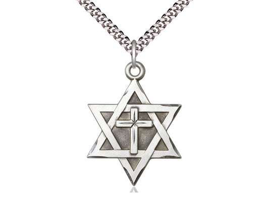 Sterling Silver Star of David w/ Cross Pendant on a 24 inch Light Rhodium Heavy Curb Chain - Unique Catholic Gifts