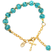Marine Blue Genuine Murano Gold Tone Rosary Bracelet with Handknotted Sommerso Beads & Crucifix - Unique Catholic Gifts